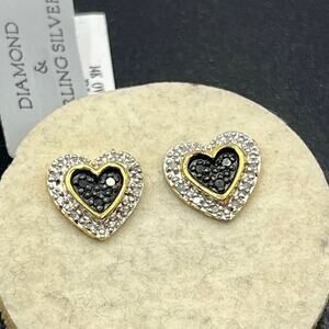 Sun 14K‎ Gold Over 925 1/10 ctw Black Clear Diamond Heart Stud Earrings New